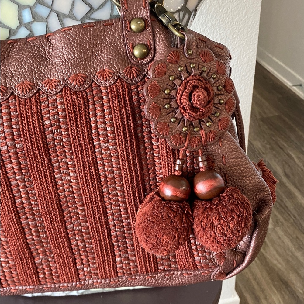 Isabella Fiori Large Shimmery Rust Leather/Knit Pom Tassel Satchel/Hobo Bag - Picture 2 of 11